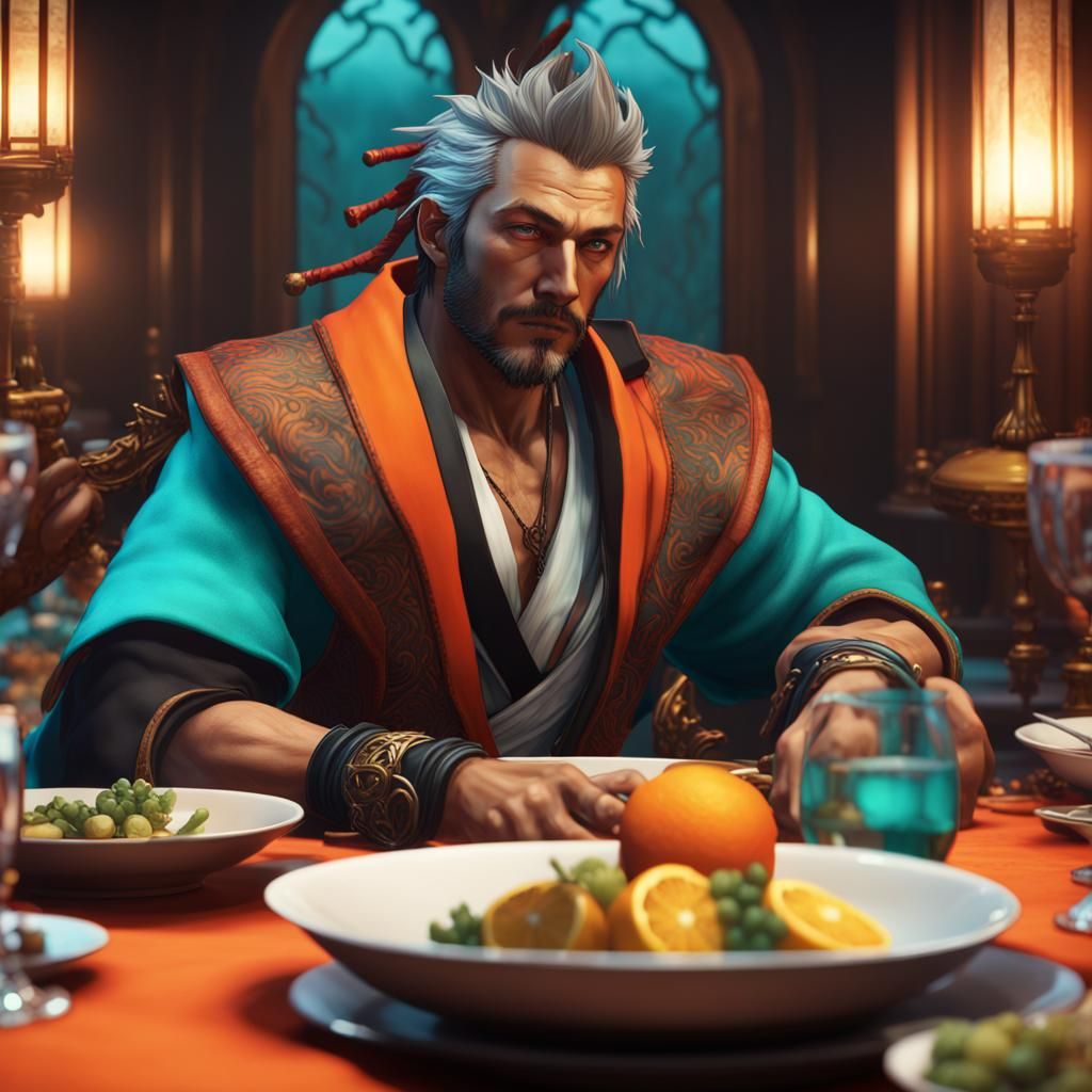 Warrior at a Dinner Party, Hyperdetailed Digital Art