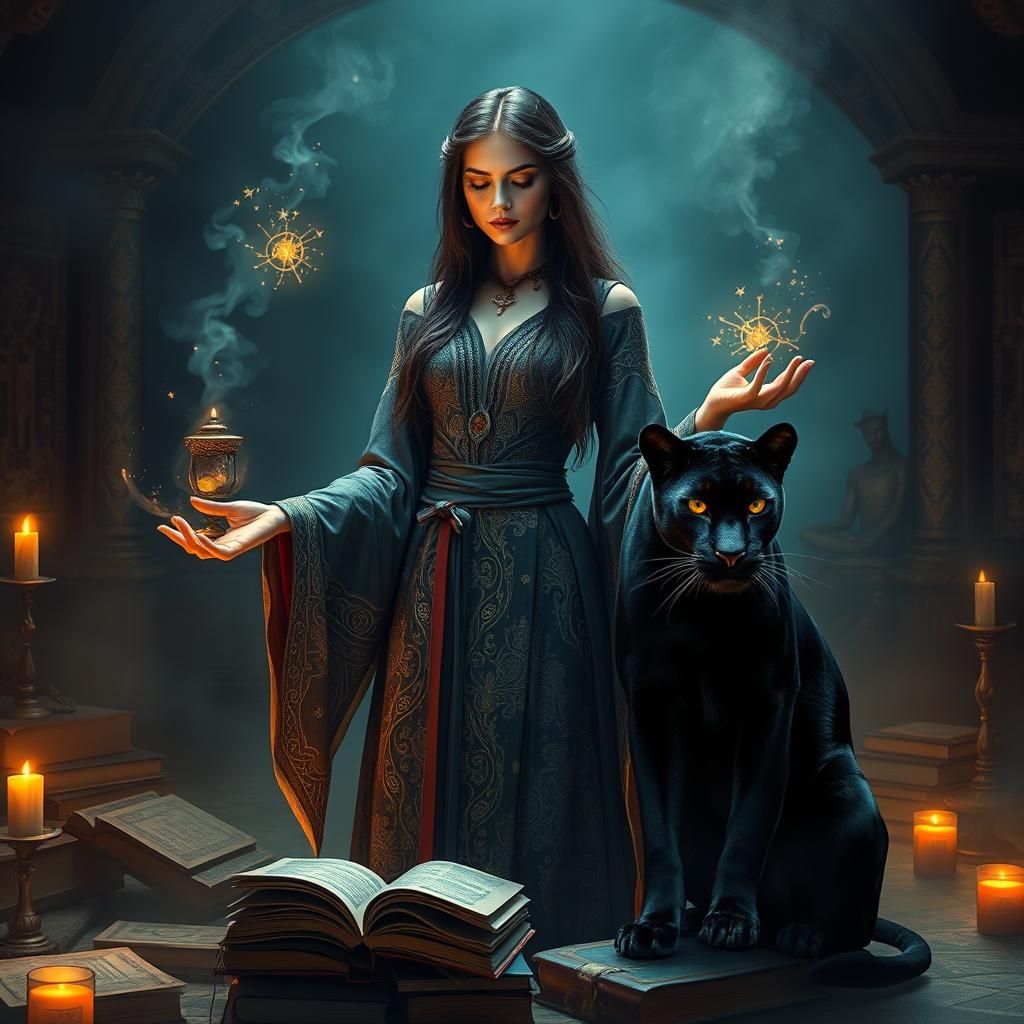 Mystical Woman Conjuring Spells with Black Panther