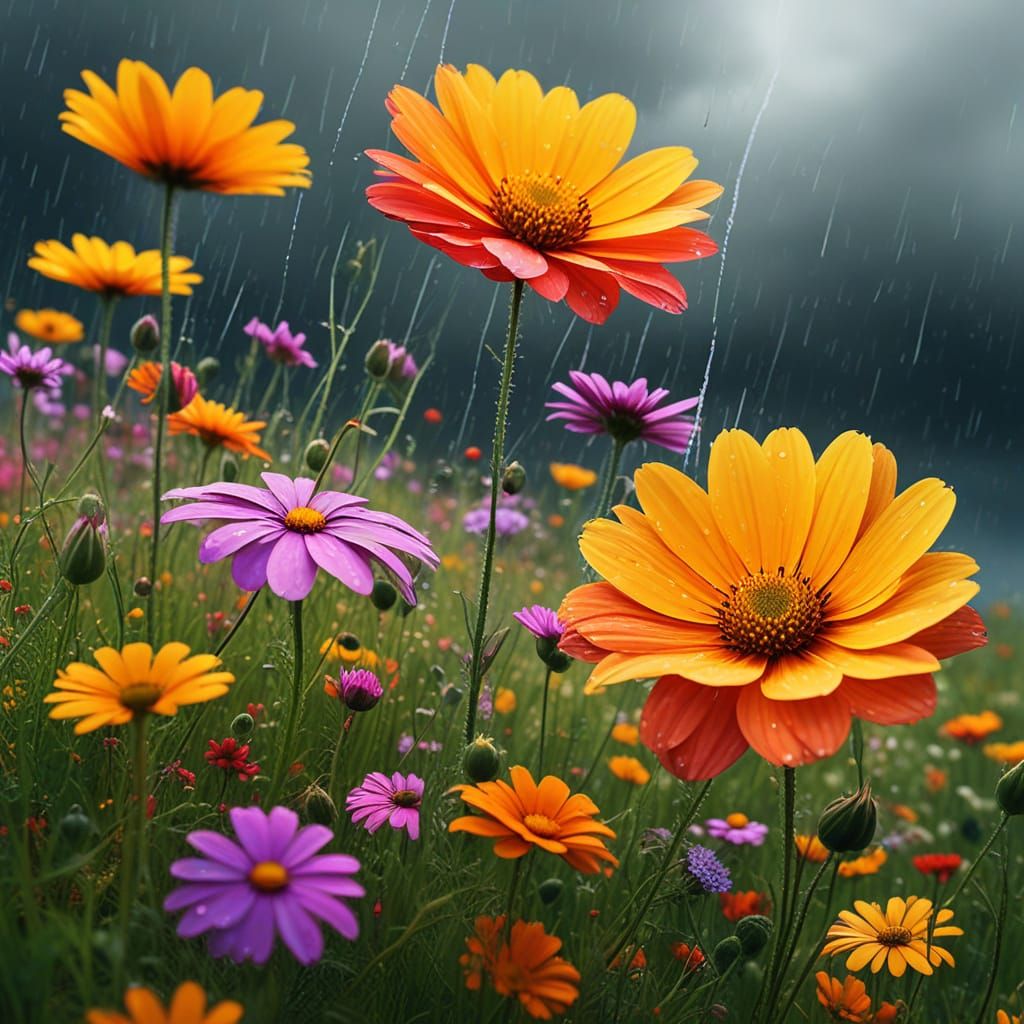 Pop Art Wildflowers in Summer Rain with Geometric Shapes