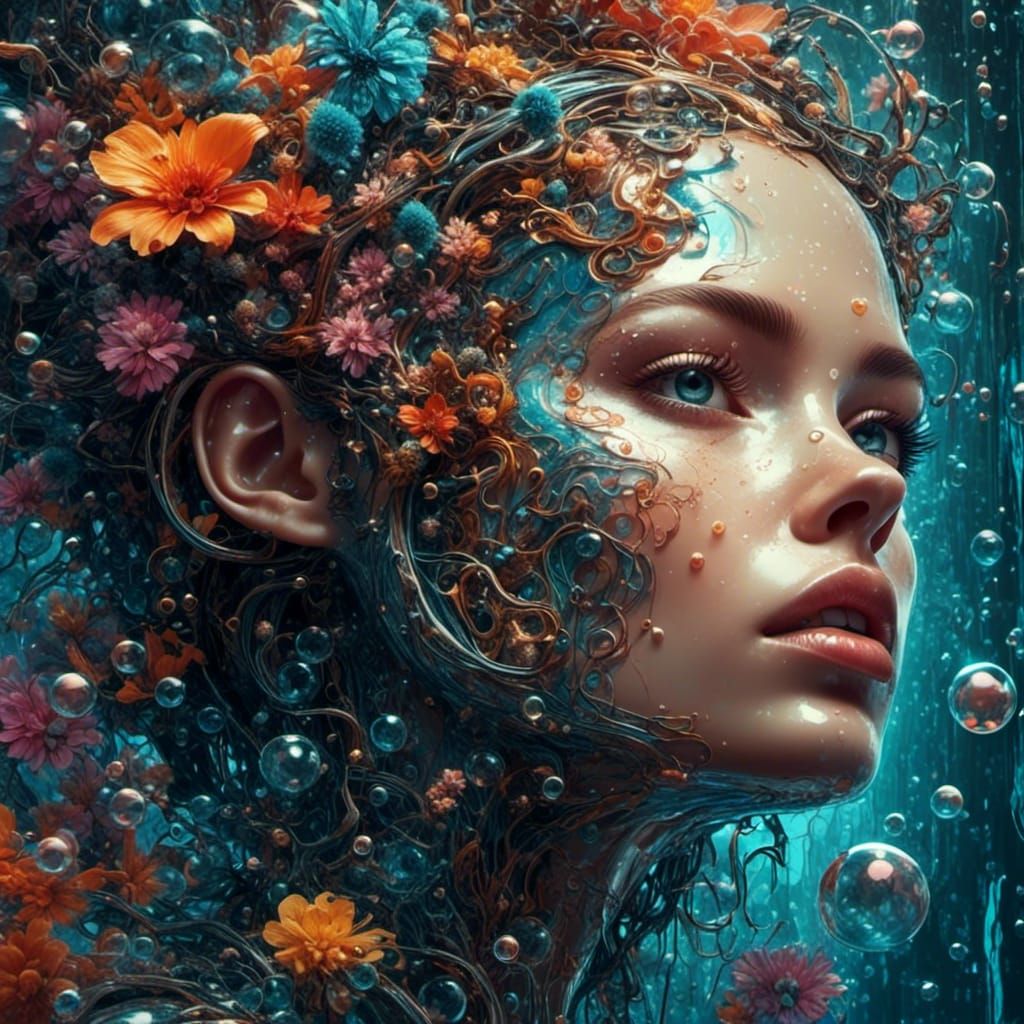 Biomechanical Melting Head Illustration with Acrylic Bubbles