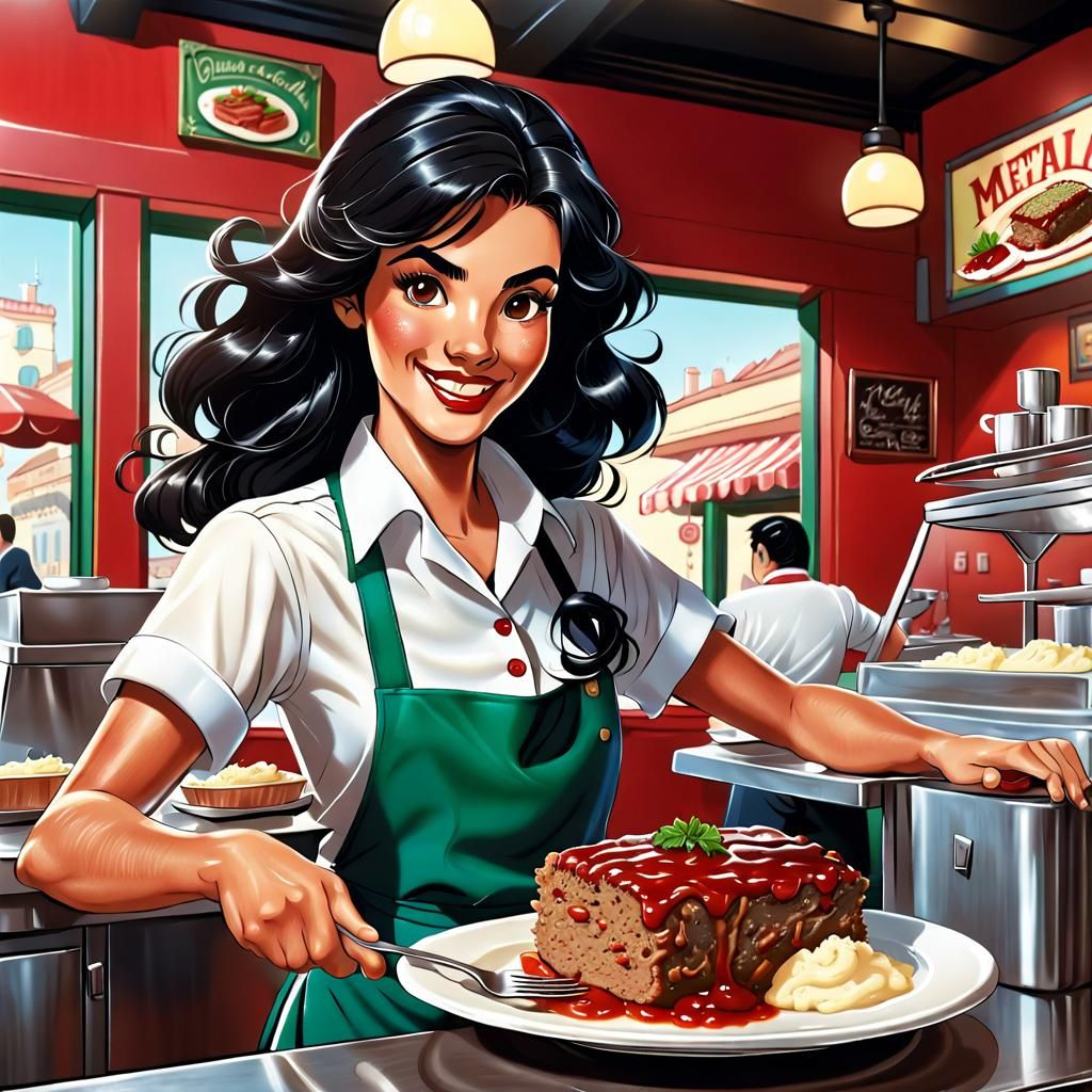 Friendly Waitress Serving Meatloaf, Comic Art Style
