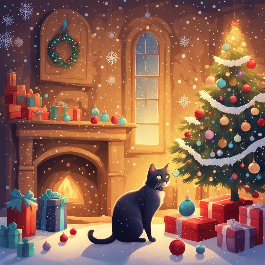 Whimsical Christmas Cat Illustration