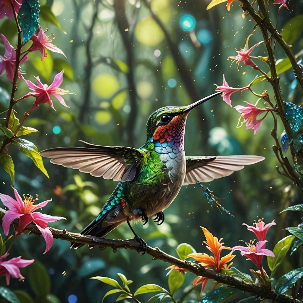 Hummingbird in Enchanted Rainforest Garden