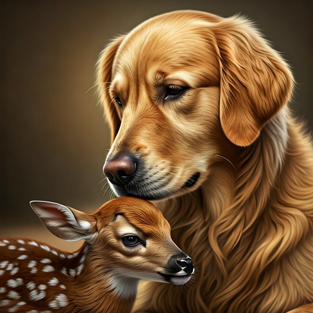 Golden Retriever Tenderly Sniffs Baby Fawn in Warm Intimate...