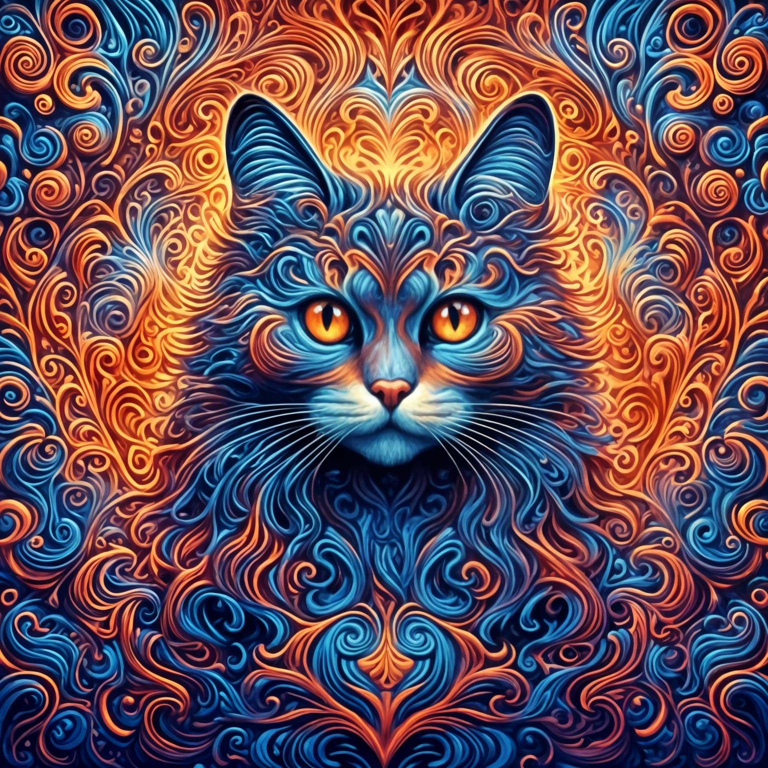 Abstract Fractal Cat with Zentangle Elements