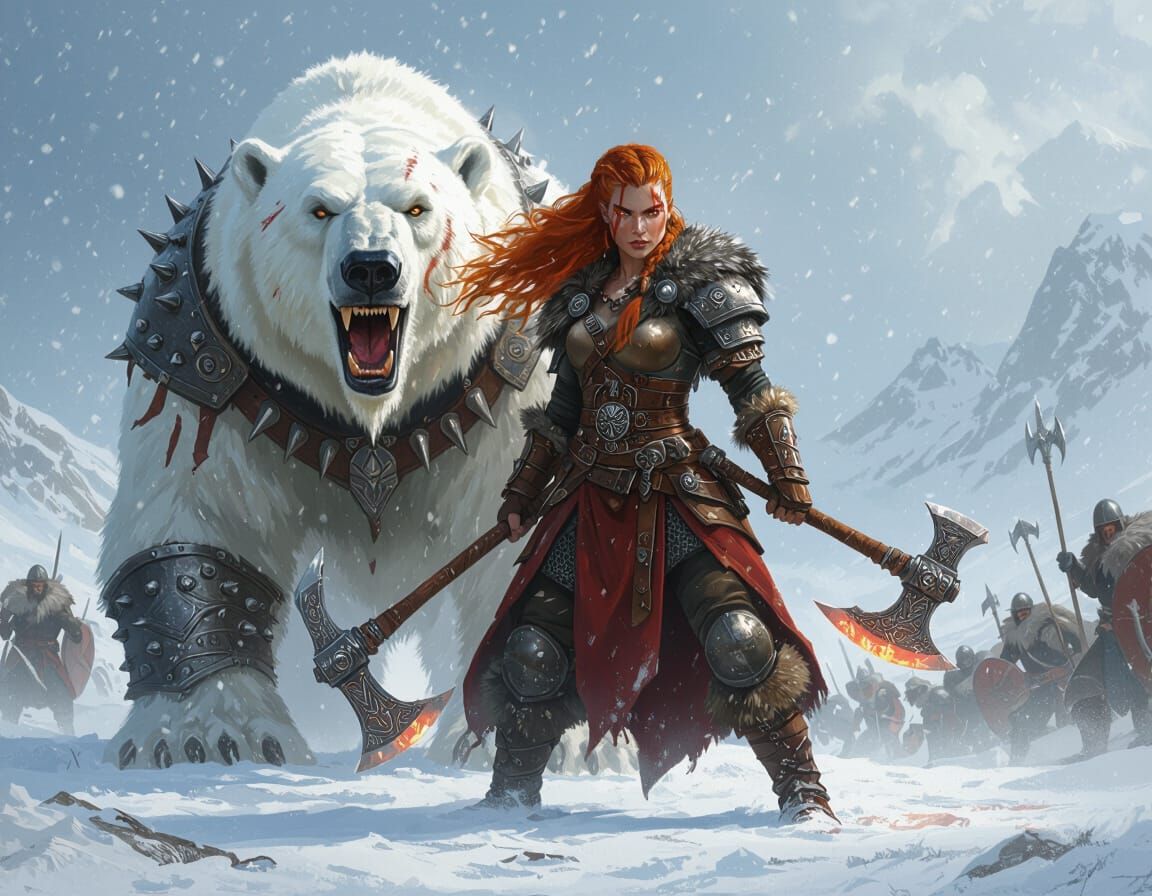 Viking Warrior and Battle Polar Bear on Frozen Field