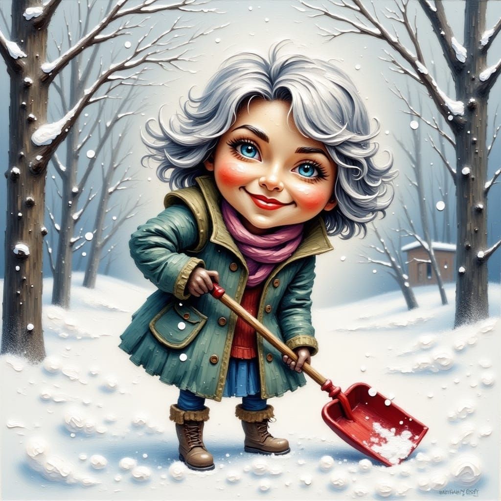 Whimsical Winter Scene of a Smiling Lady Shoveling Snow