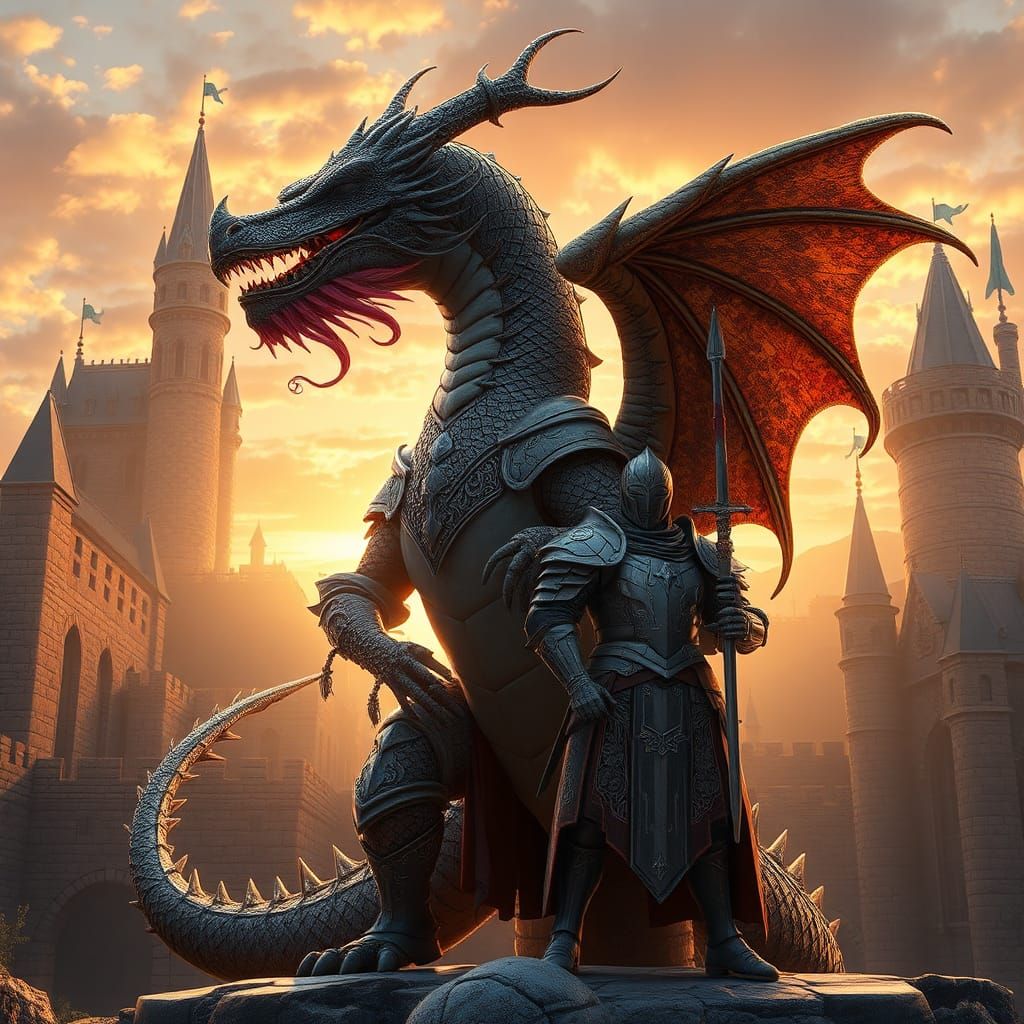 Armored Dragon Knight at Medieval Castle Sunset