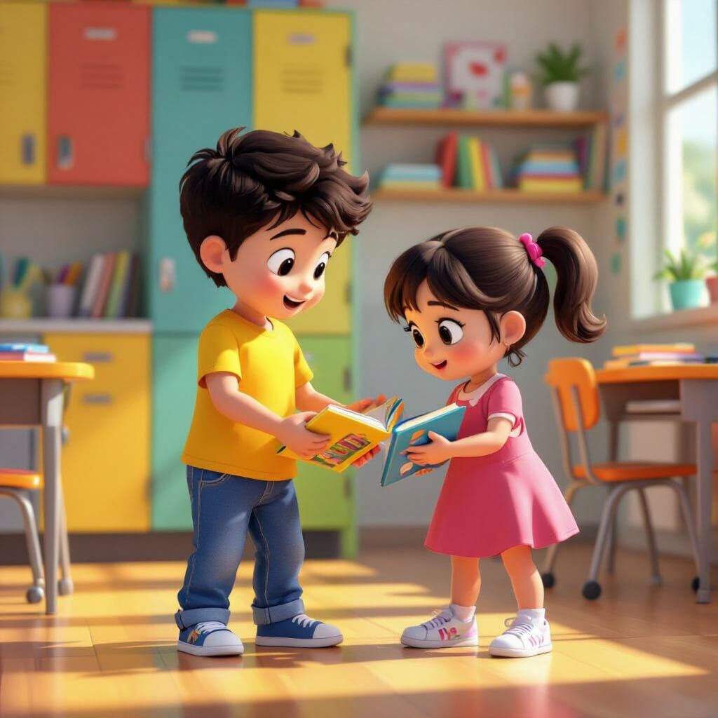 Children Helping Each Other in Cheerful School