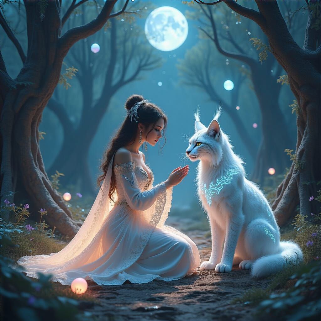 Woman and Lynx in Bioluminescent Forest Art