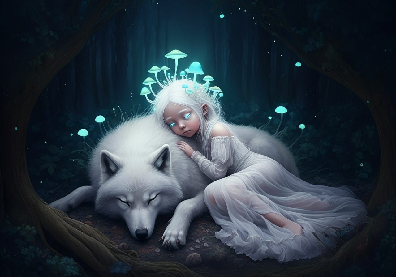 Mystical Forest Scene: Girl, Wolf, and Glowing Mushrooms