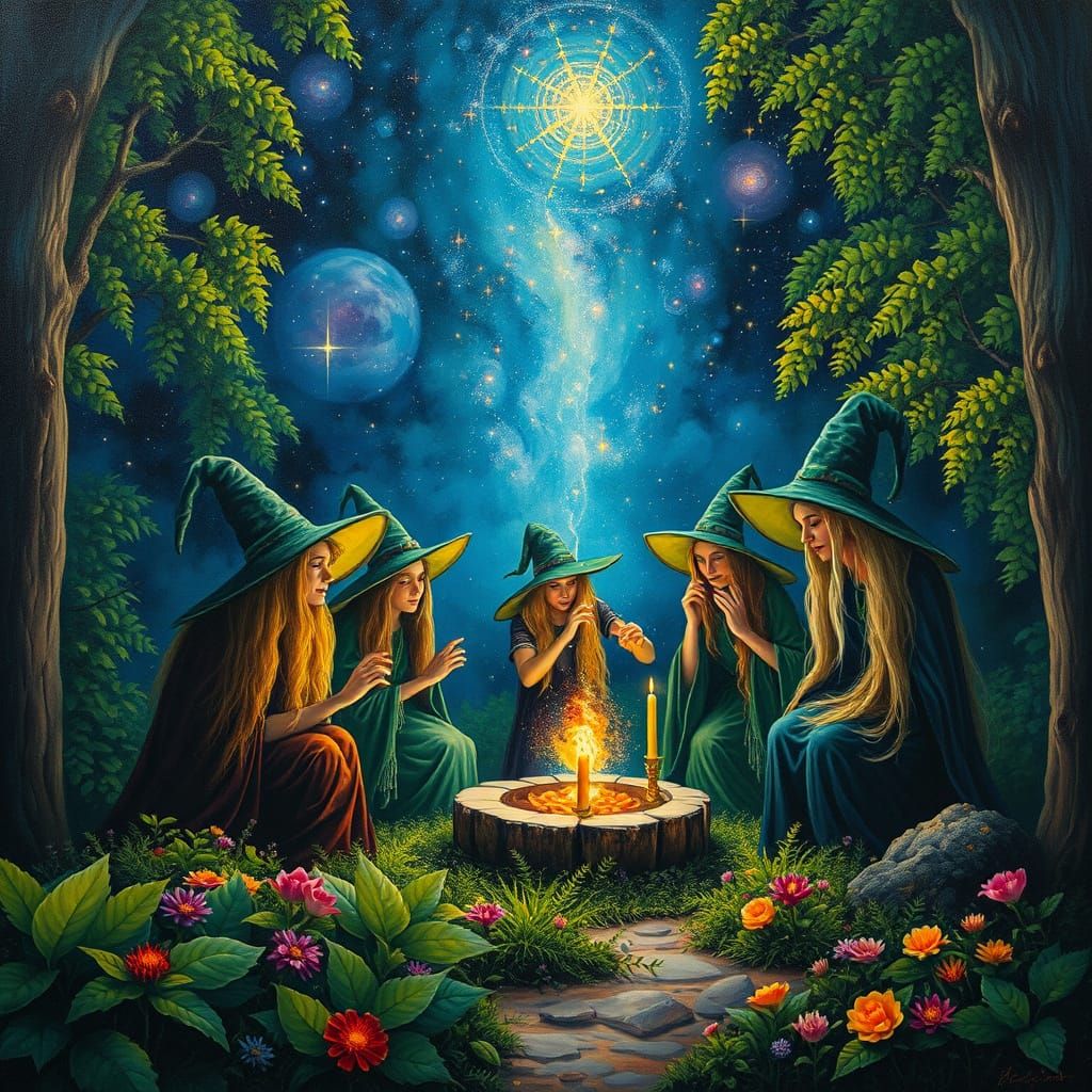 Witches Healing Ritual Under Starry Forest Sky