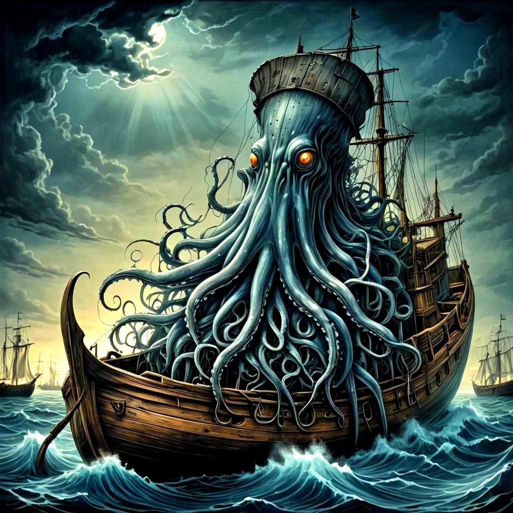 Giant Squid Attacks Boat in Engraving Style
