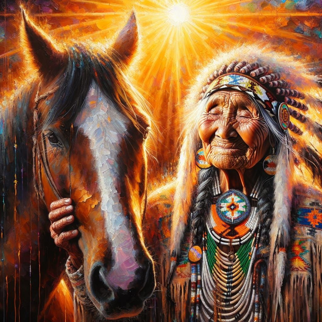 Elderly Native American Woman and Her Faithful Horse in Warm...