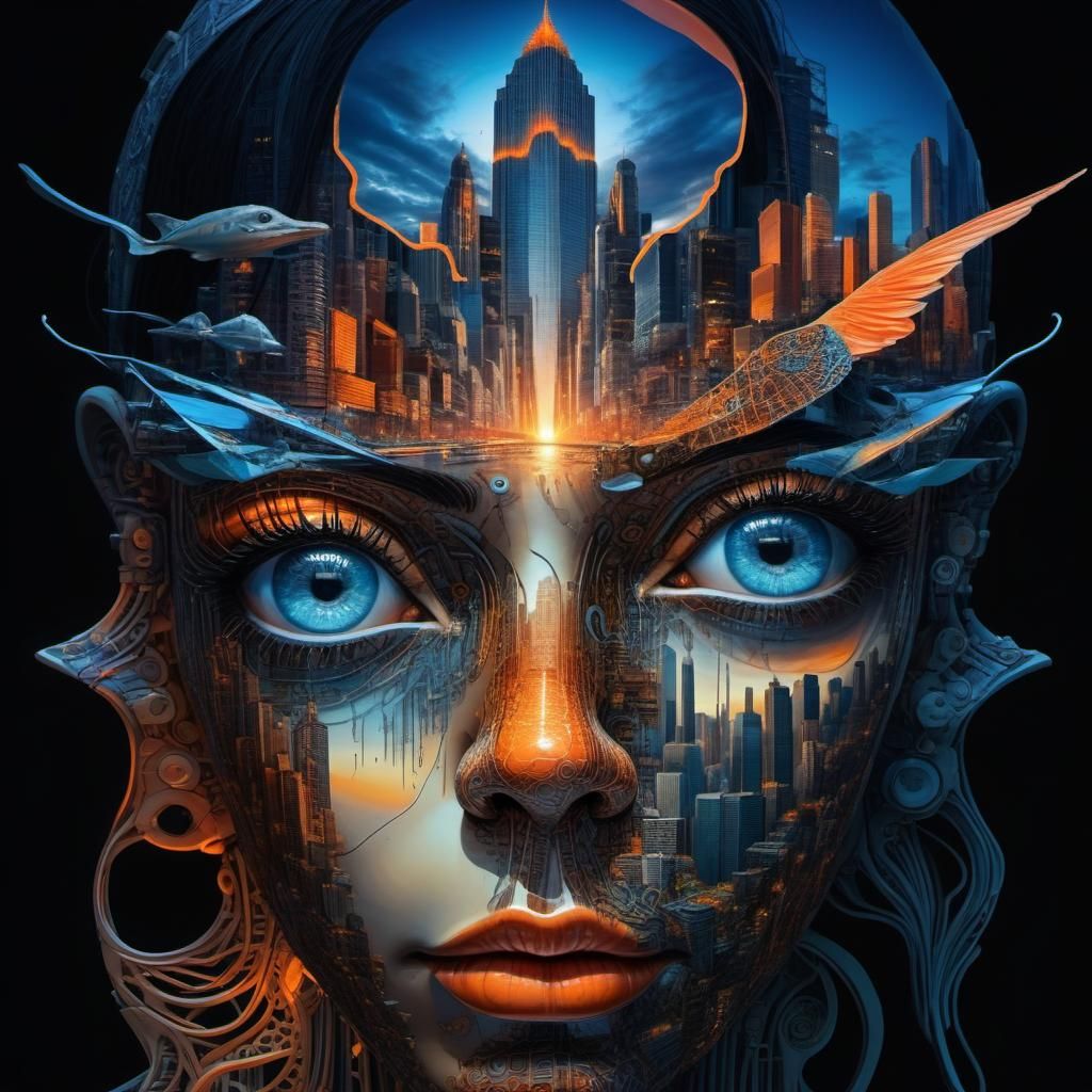 Surreal Cityscape Merged with Human Face