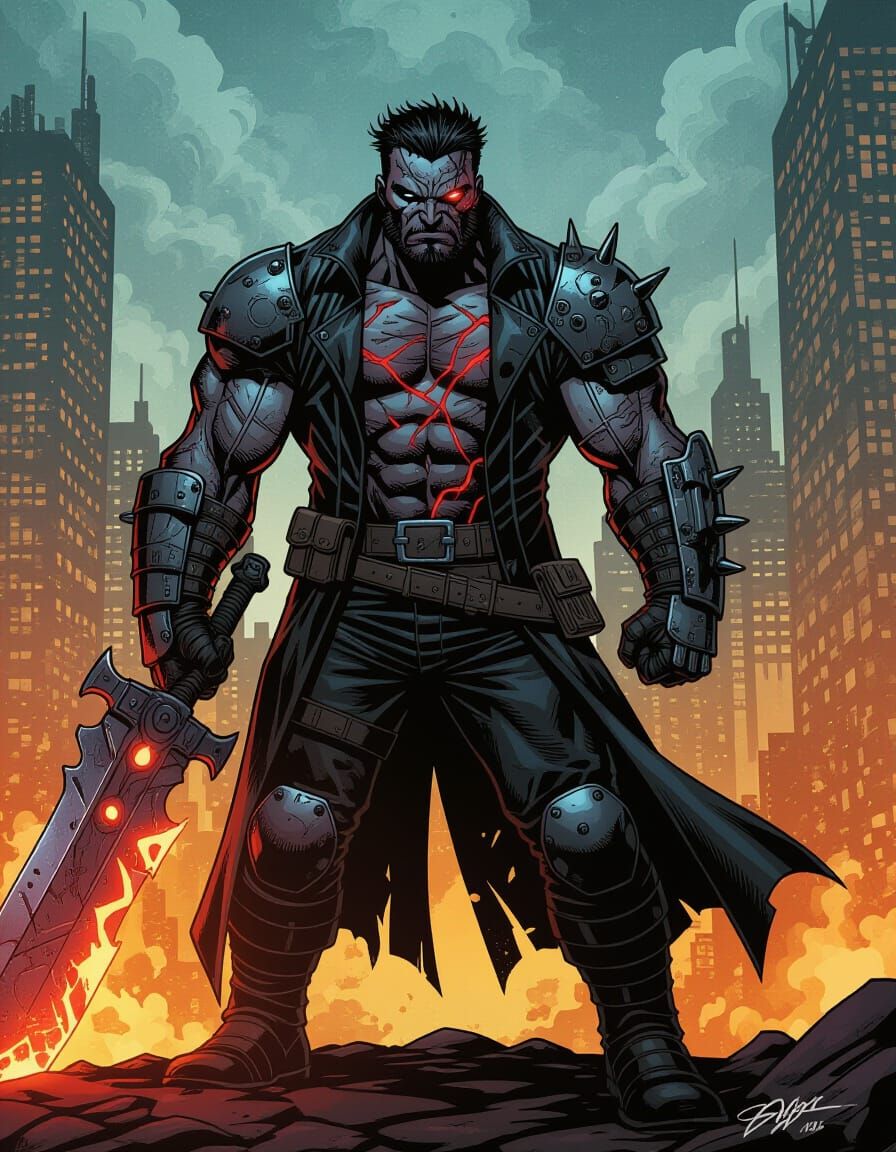 Rugged Anti-Hero with Bio-Armor and Energy Greatsword