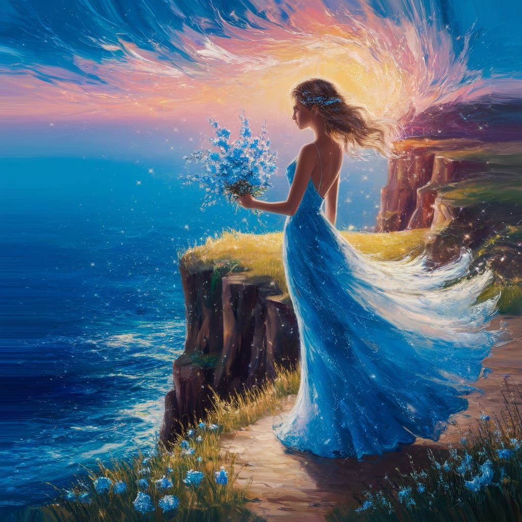 Ethereal Woman with Blue Flowers at Twilight