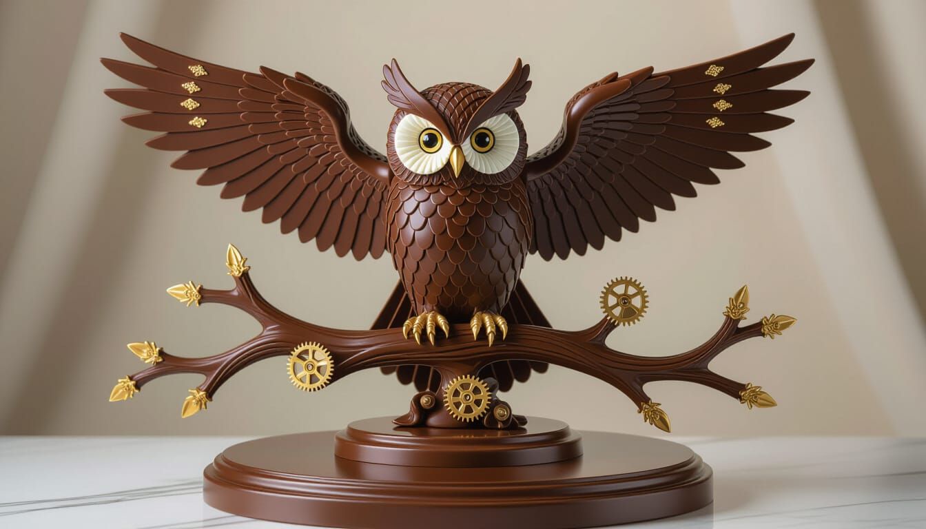 Chocolate Mechanical Owl Sculpture in Hyperreal Detail