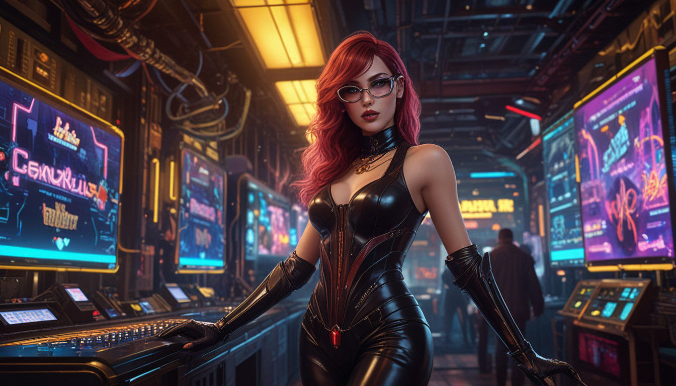 Neon Goddess in Red Latex Attire