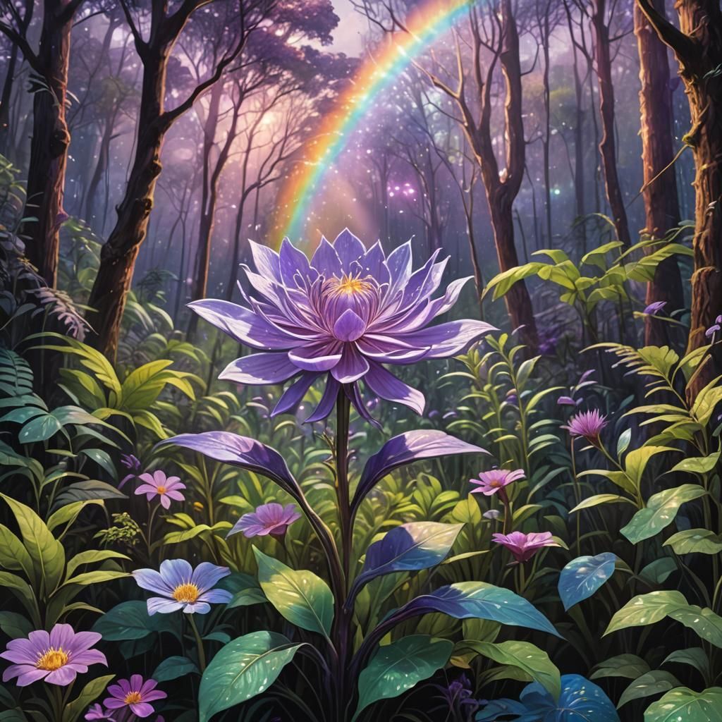 Purple Flower in Lush Forest with Rainbow