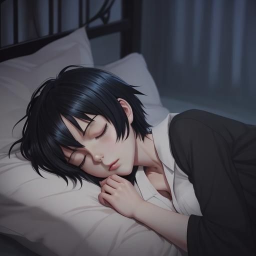 Anime Style Woman Sleeping in the Dark