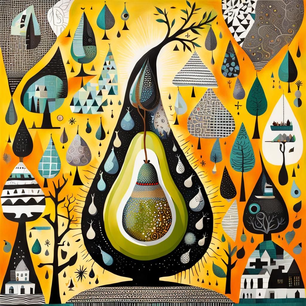 Pear Panic Attack in Folk Surrealist Style