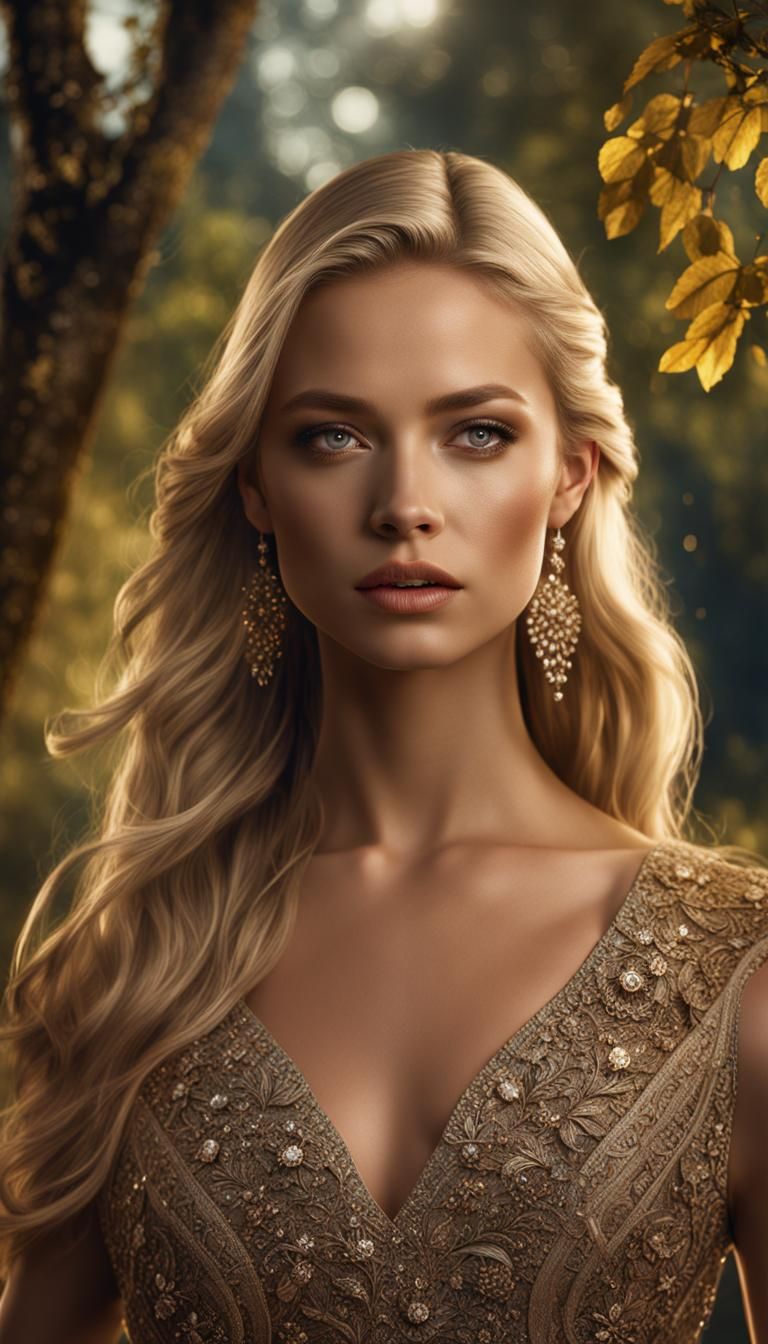 Blonde Woman Portrait with Trees and Dynamic Lighting