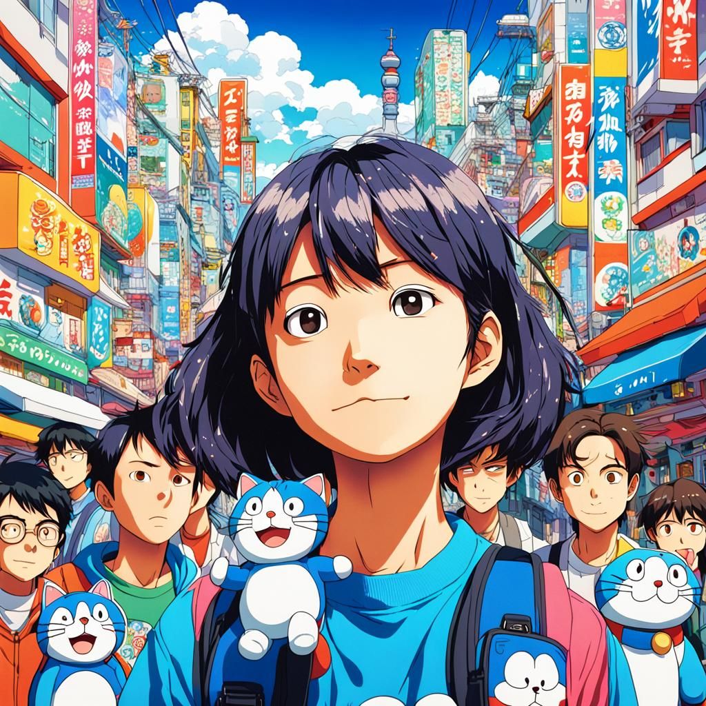 Anime Art: Machico, Chihaya, and Doraemon in Cityscape