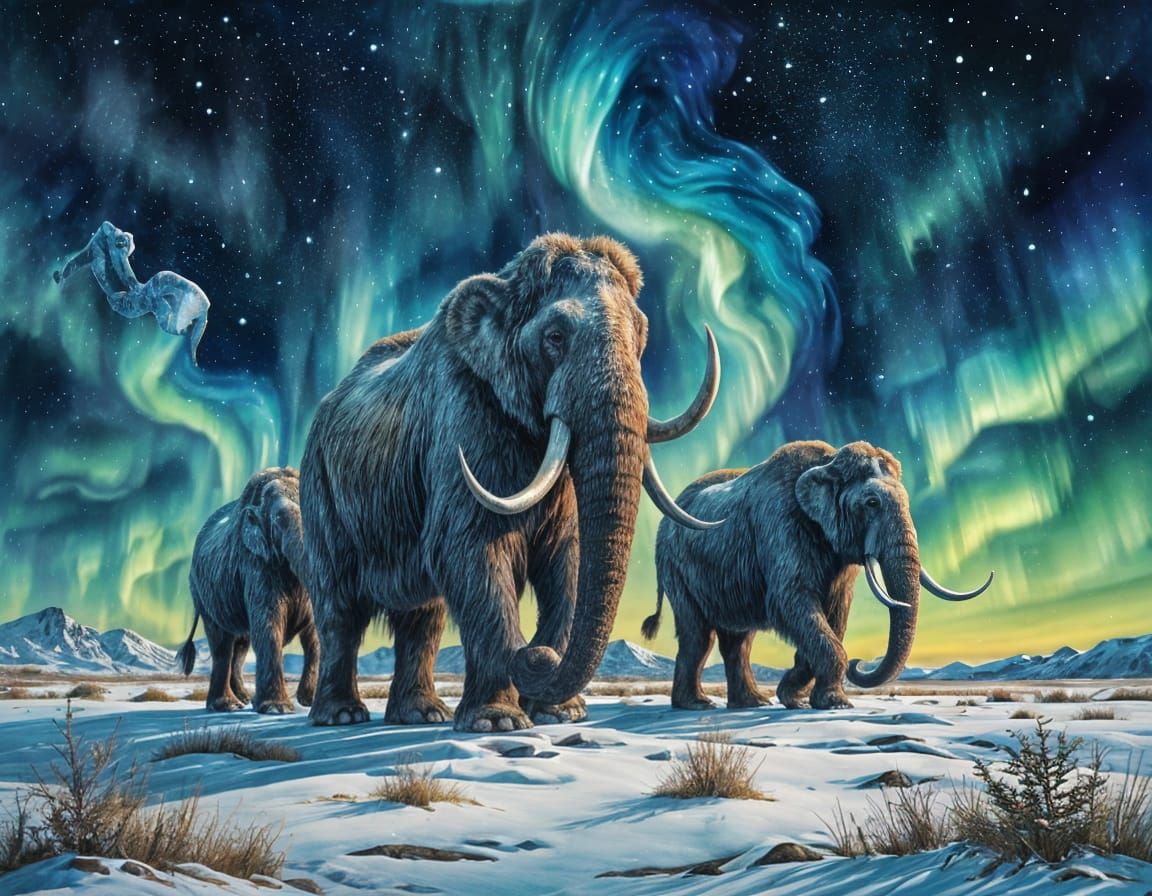 Woolly Mammoths Roam Arctic Tundra Beneath Vibrant Aurora