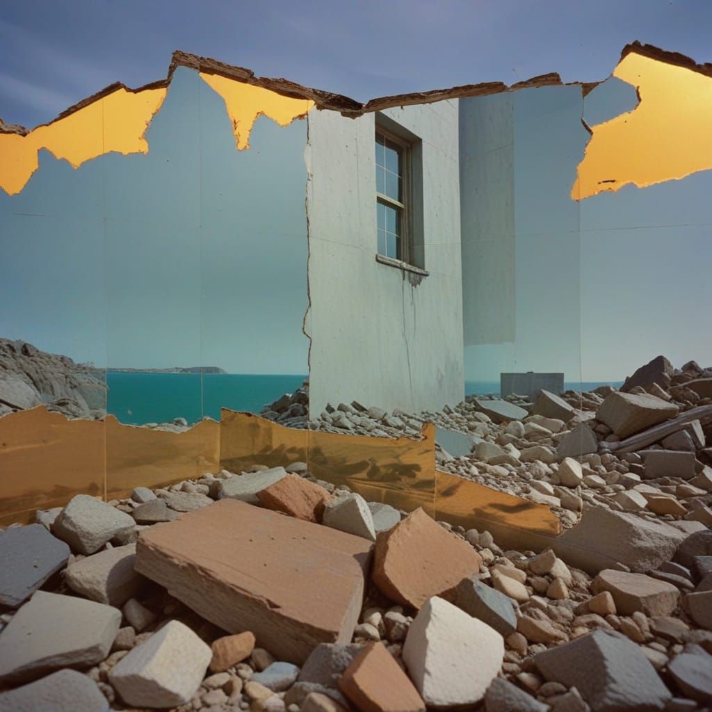 Surreal Landscape Collage with Glitch and Broken Mirror