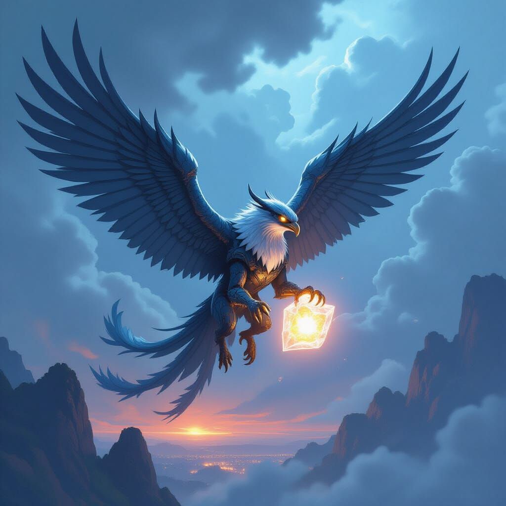 Mechanical Griffin Soaring Through Stormy Sky