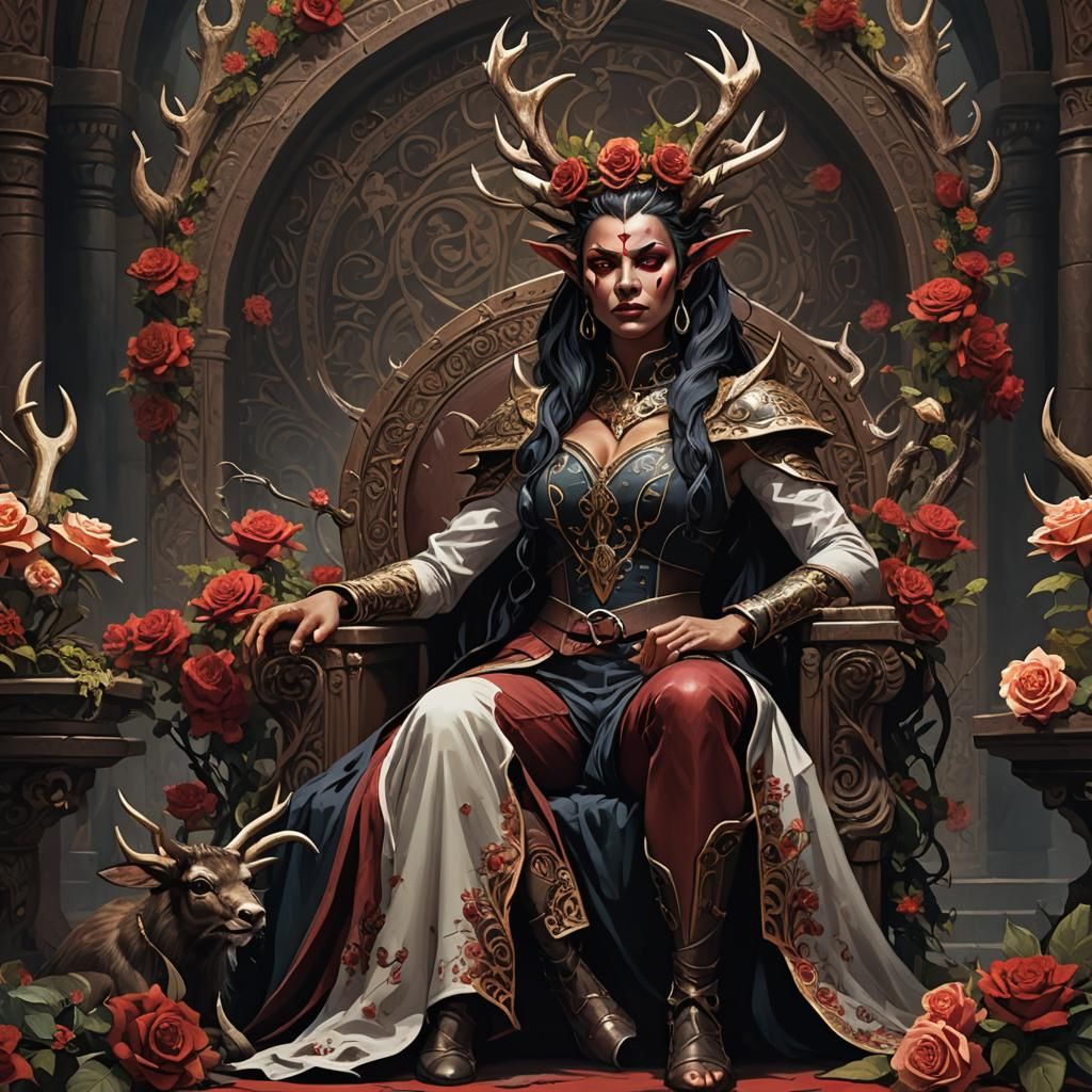 Tiefling Assassin Queen on Floral Throne, Detailed Matte Pai...