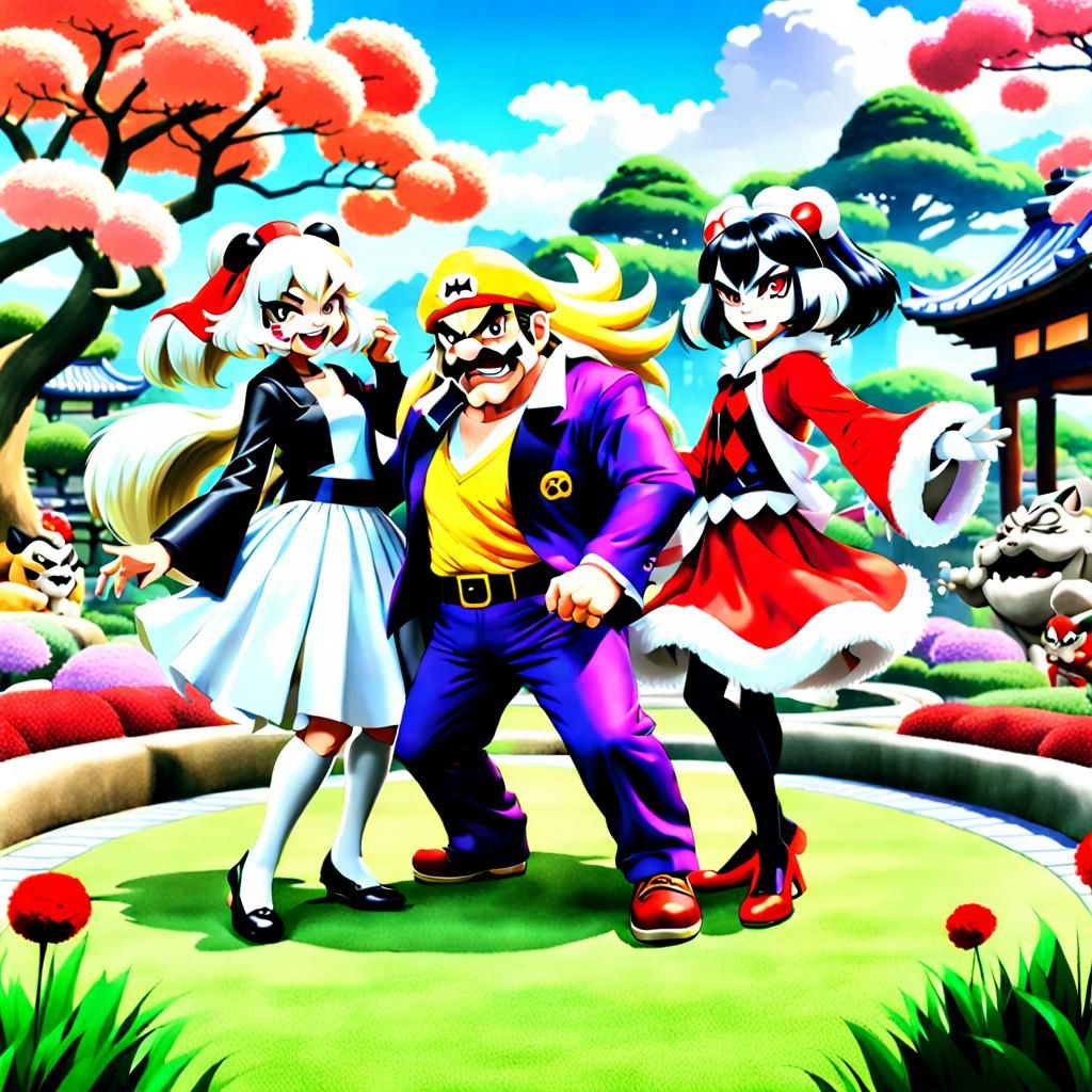 Wario vs Cruella: Anime Battle in Japanese Garden