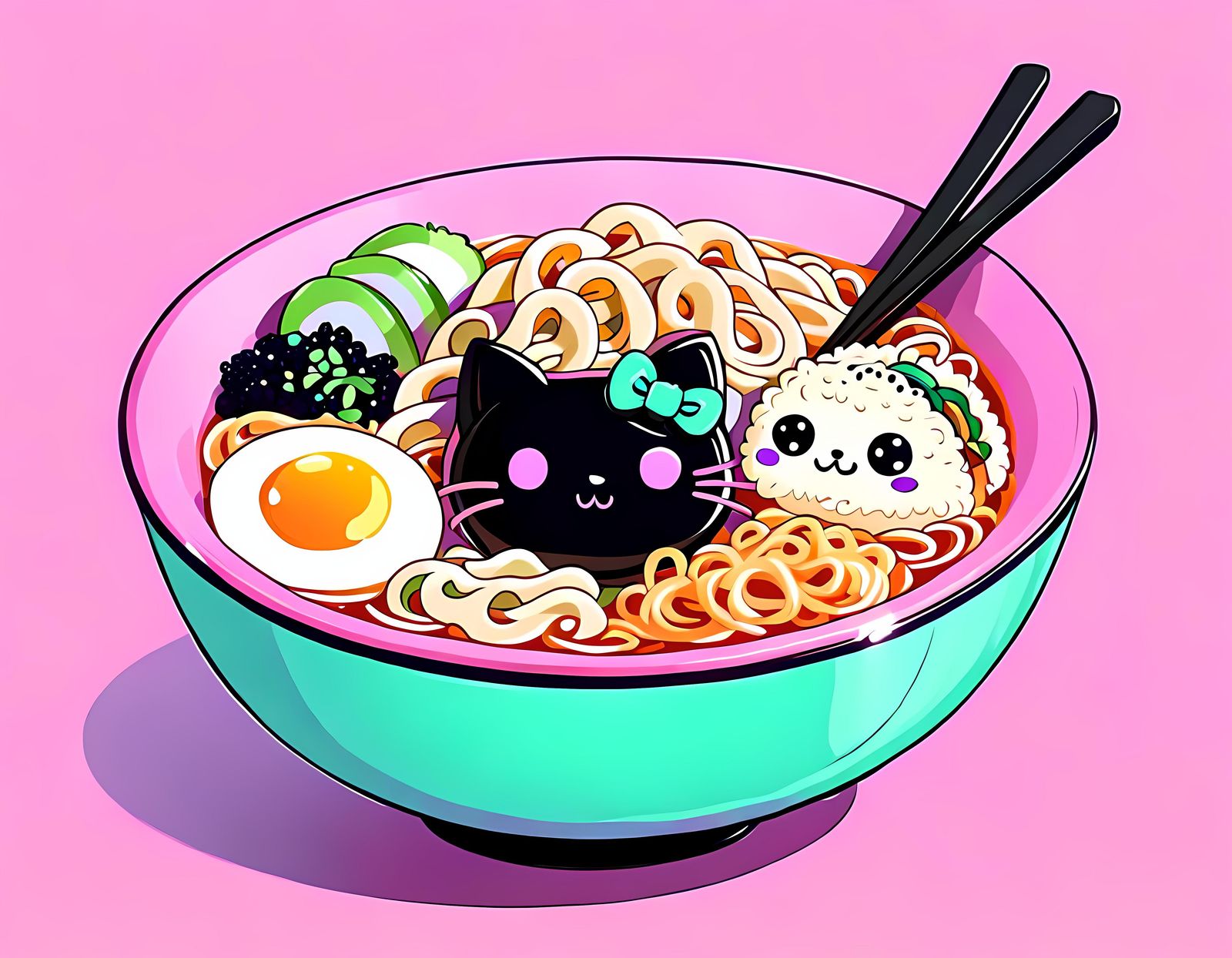 Pastel Goth Ramen in Pink Bowl Illustration