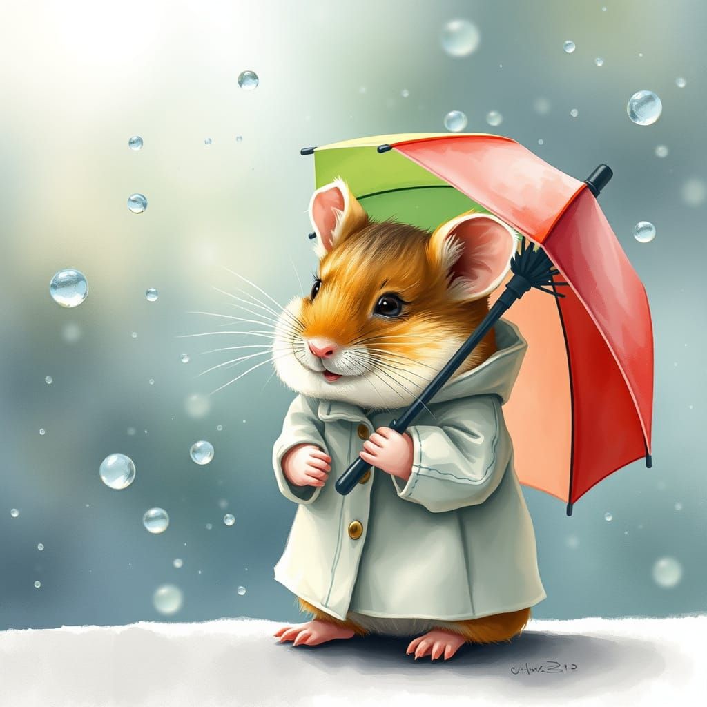 Furry Hamster Stays Dry Under Whimsical Watercolor Umbrella