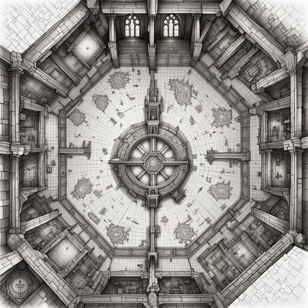 D&D Church Interior Battlemap in Pen and Ink