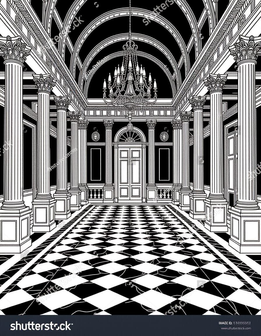 Symmetrical Interior in Fine Line Art Style