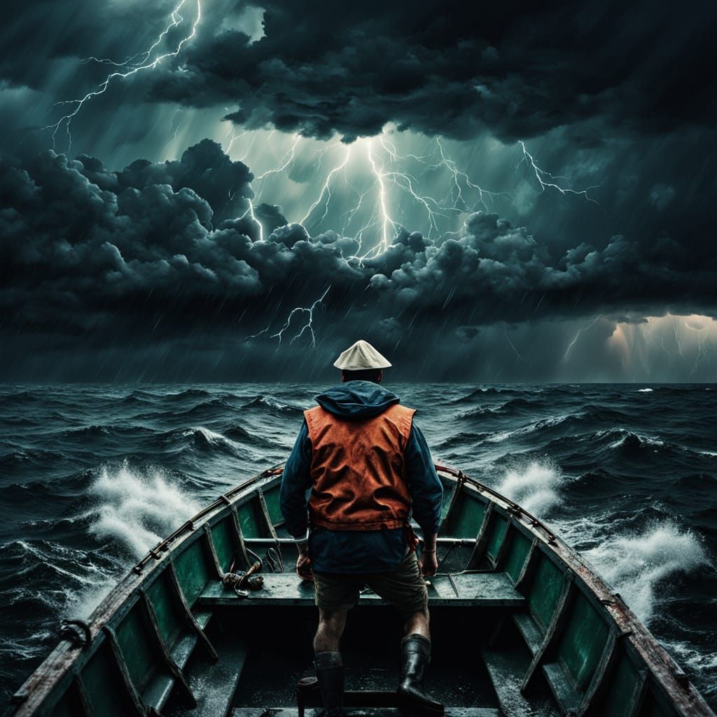 Sailor Navigates Storm as Vibrant Oil Painting