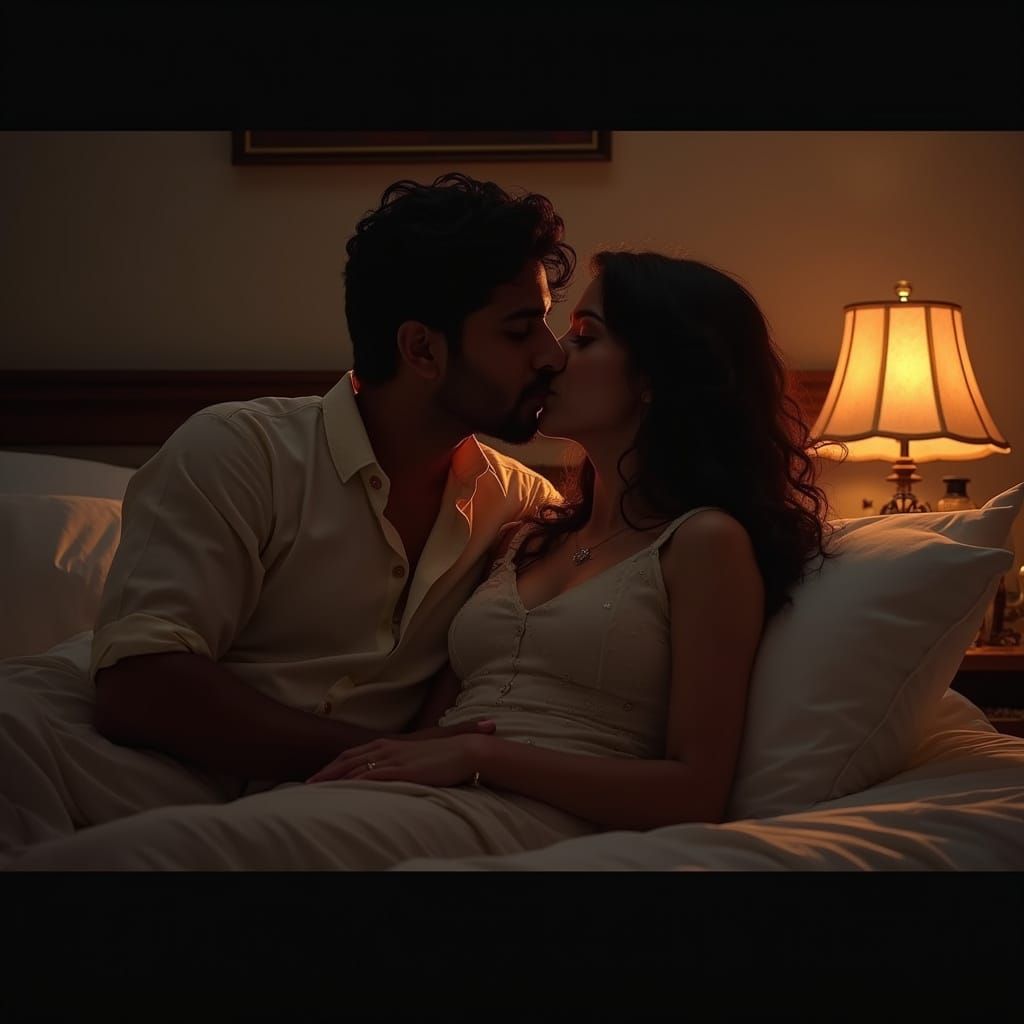 Romantic Indian Couple Kissing in Dimly Lit Bedroom