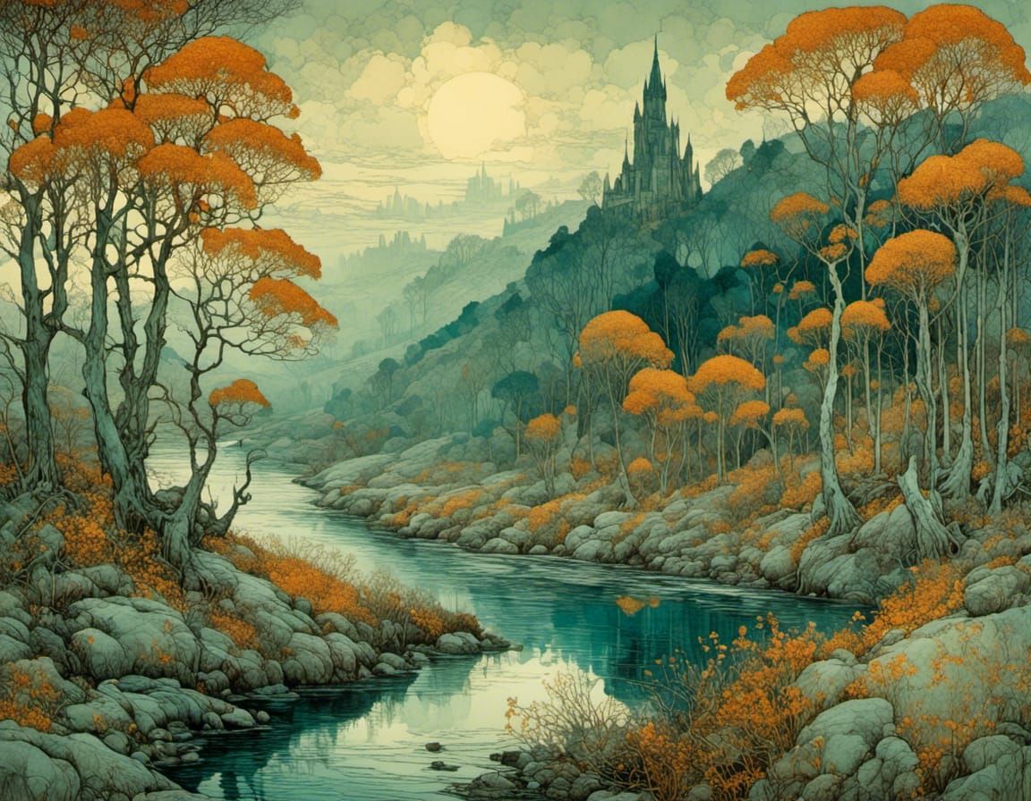 Orange and Teal River Landscape Painting