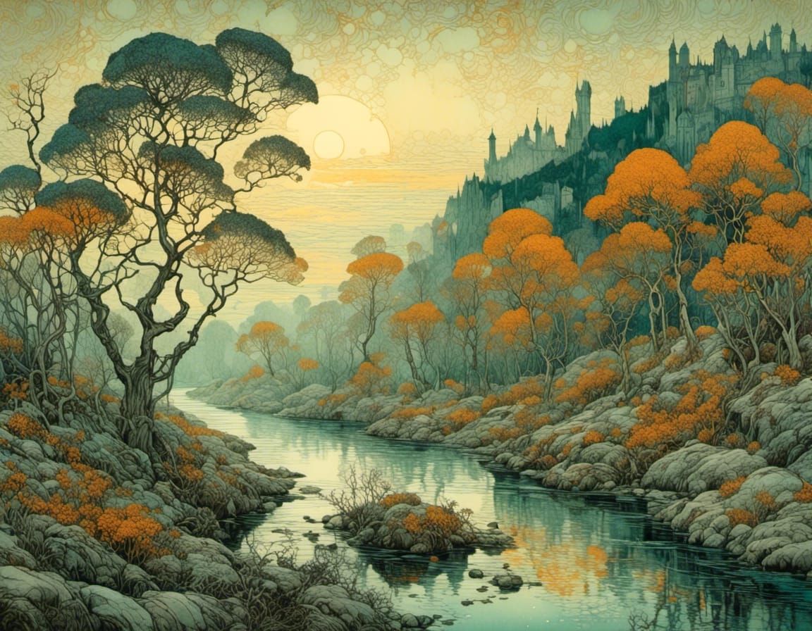 Vibrant Scene of a Fantastical River Landscape