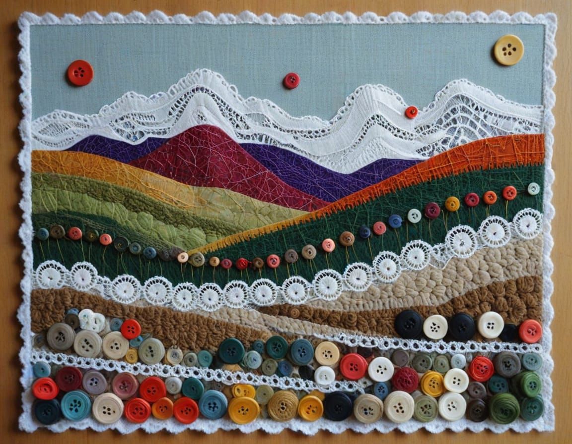 Collage Landscape with Yarn, Lace, and Buttons