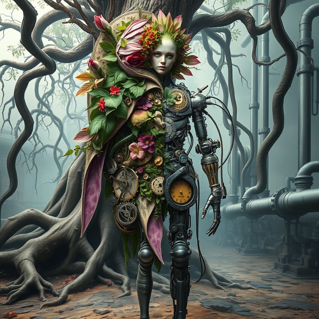 Surrealist Figure Blends Nature and Industry in Dreamlike Ha...