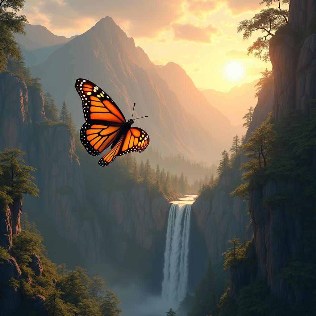 Monarch Butterfly Soaring at Dusk: Matte Painting Style