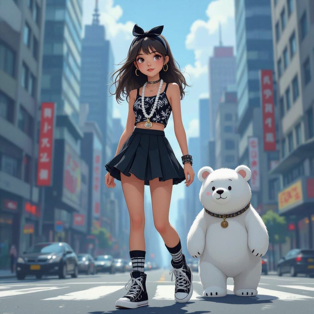 Teenage Girl Walking in City in Neon Noir Style