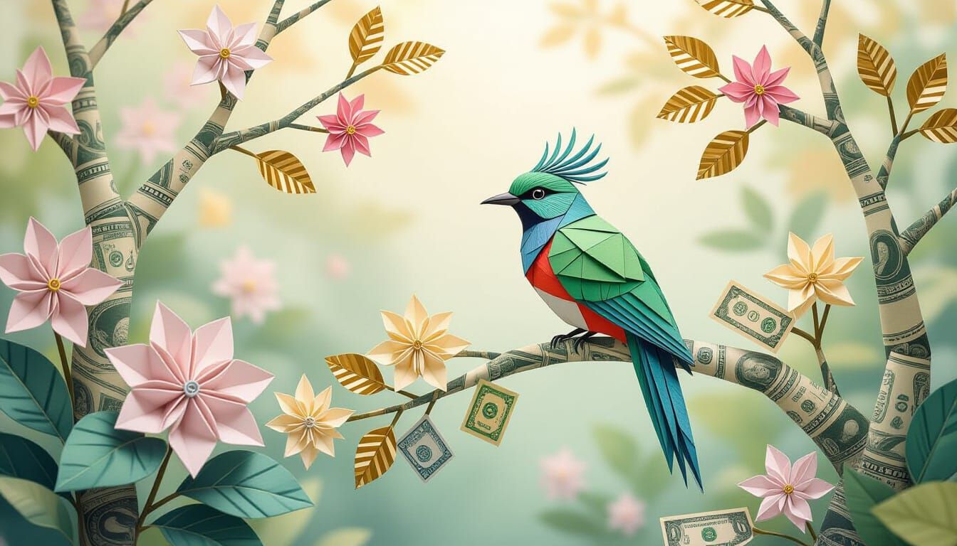 Origami Garden with Currency Flowers & Metal Leaves
