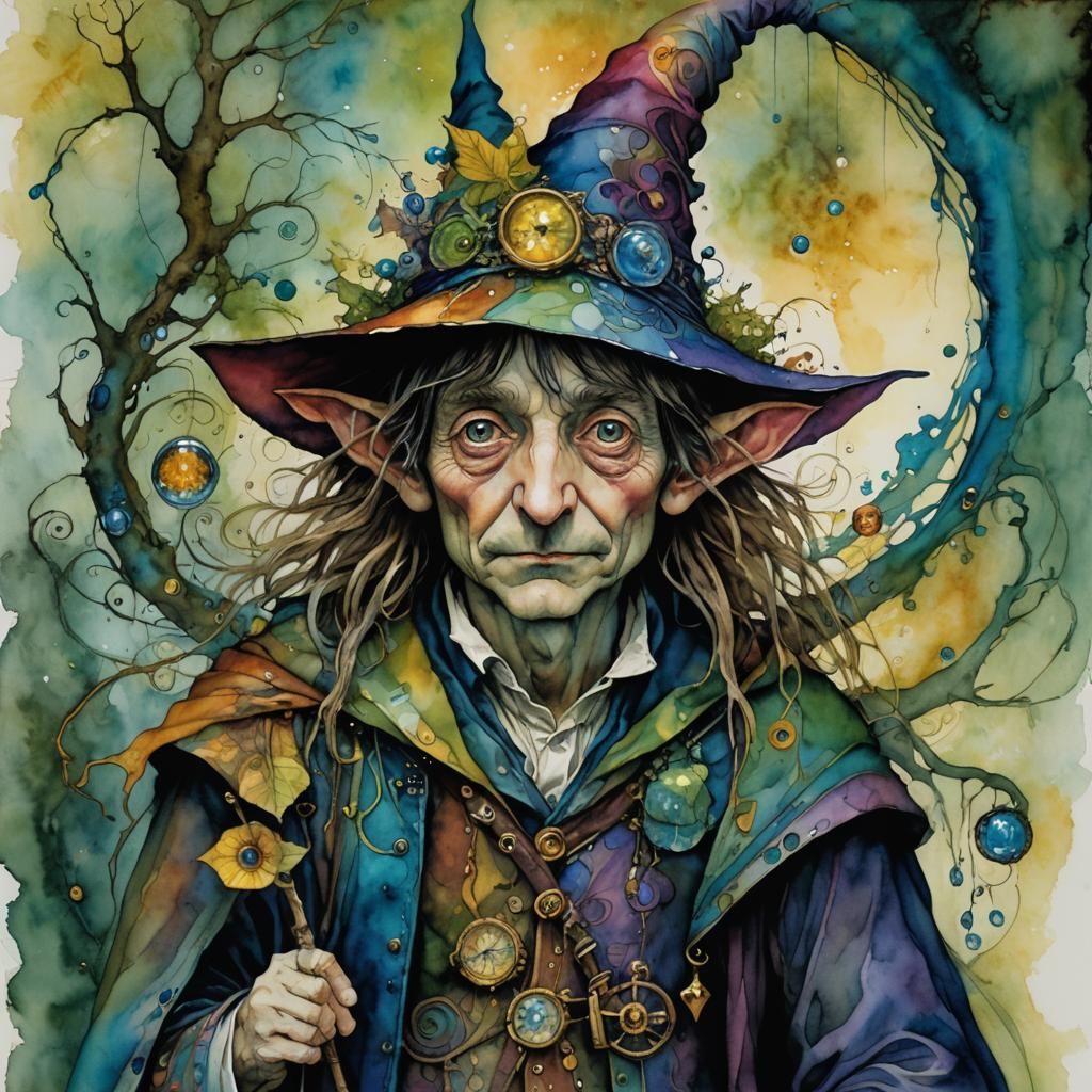 Whimsical Magician Portrait in Alcohol Ink Style