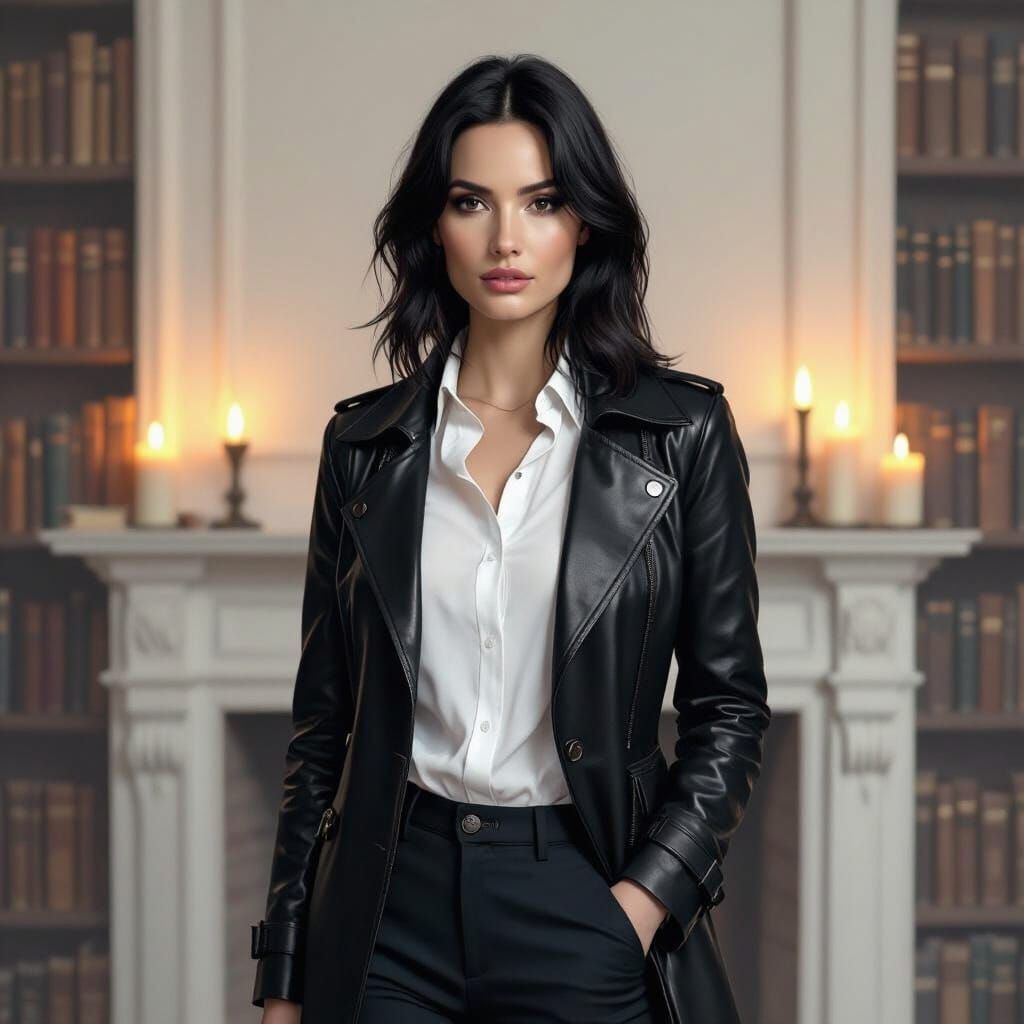 Mysterious Woman in Leather Trench Coat in Dimly Lit Study