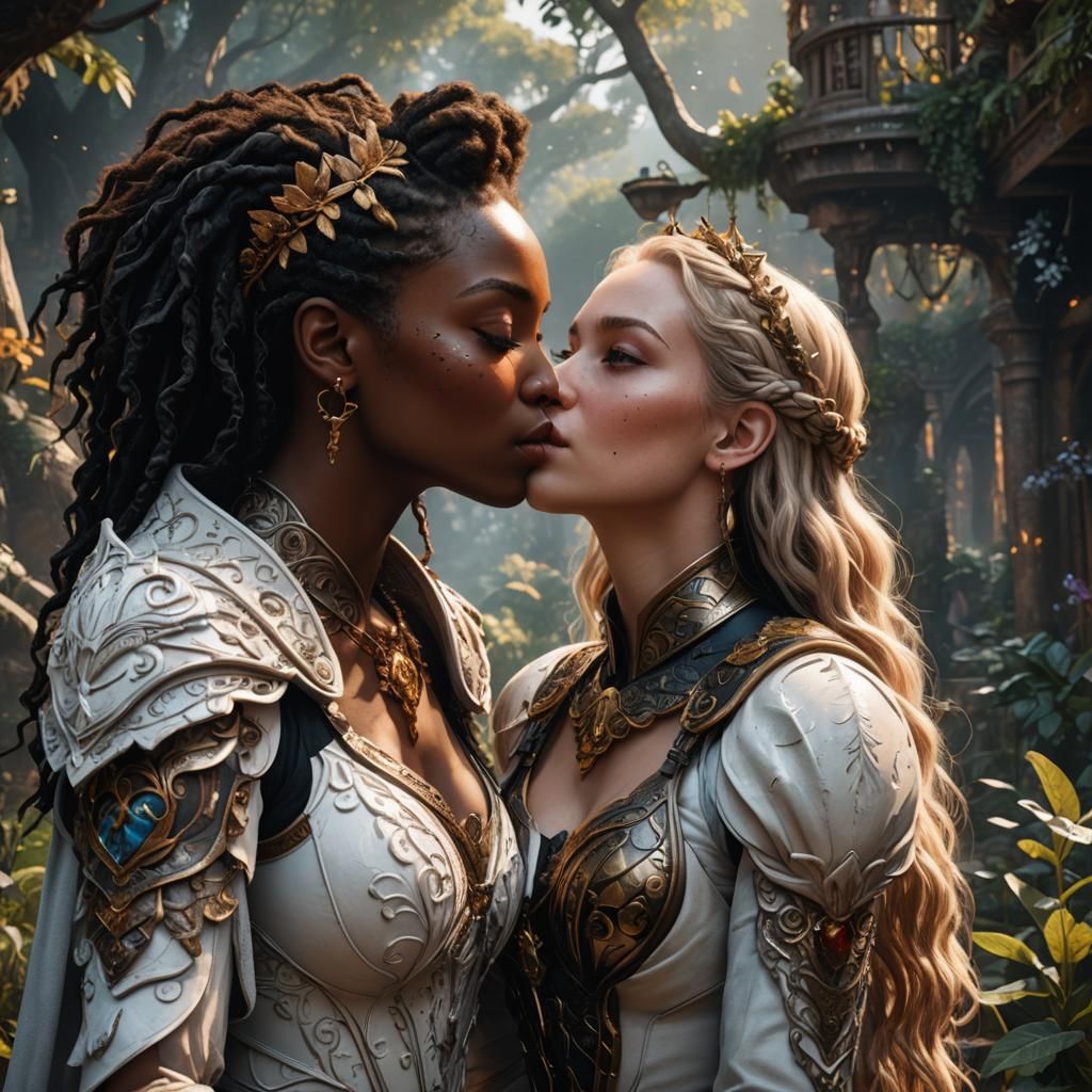 Two Women Kissing: Detailed Fantasy Art