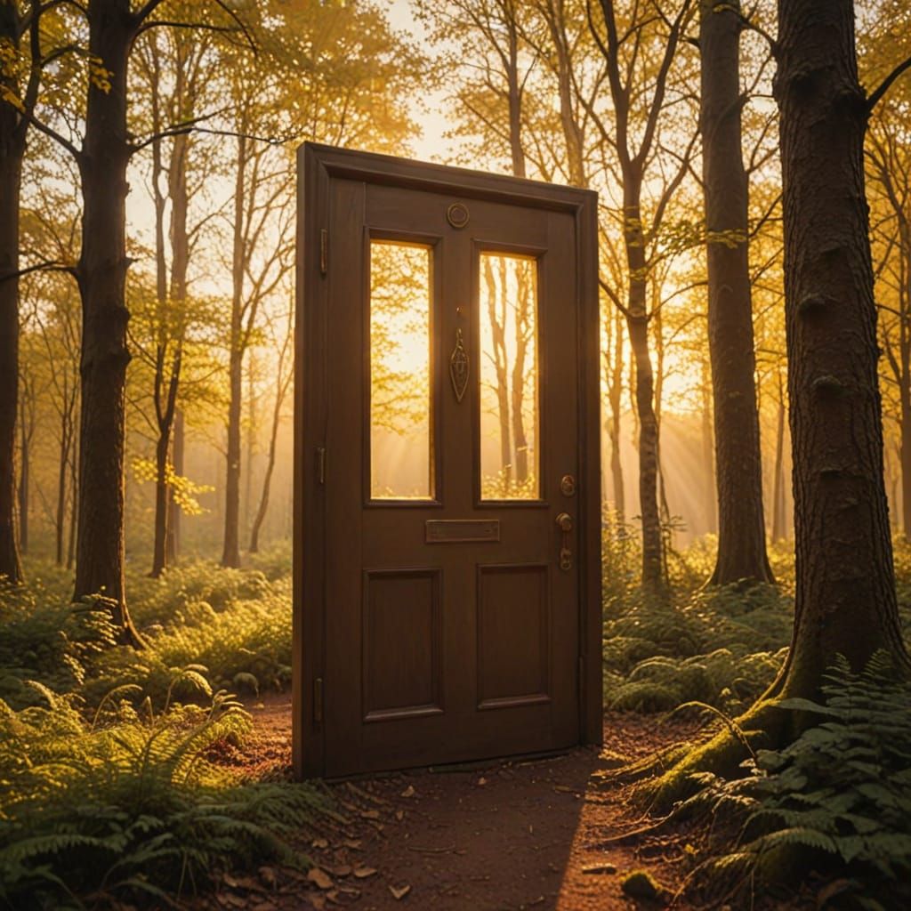 Surreal Glowing Door in Forest with Divine Light
